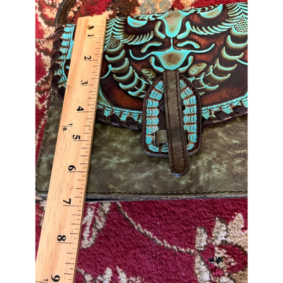 PATRICIA NASH SAVINI TOOLED BOHO COWGIRL TURQUOISE LEATHER BAG PURSE - Picture 5 of 11
